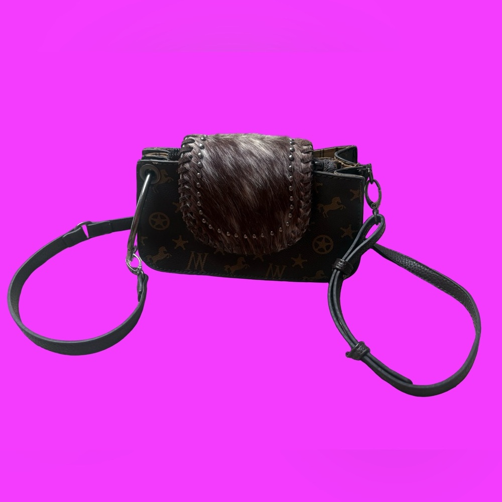 WESTERN Montana West Brown Crossbody Logo Bag Or Clutch With Fur Accent Like New - Picture 7 of 8